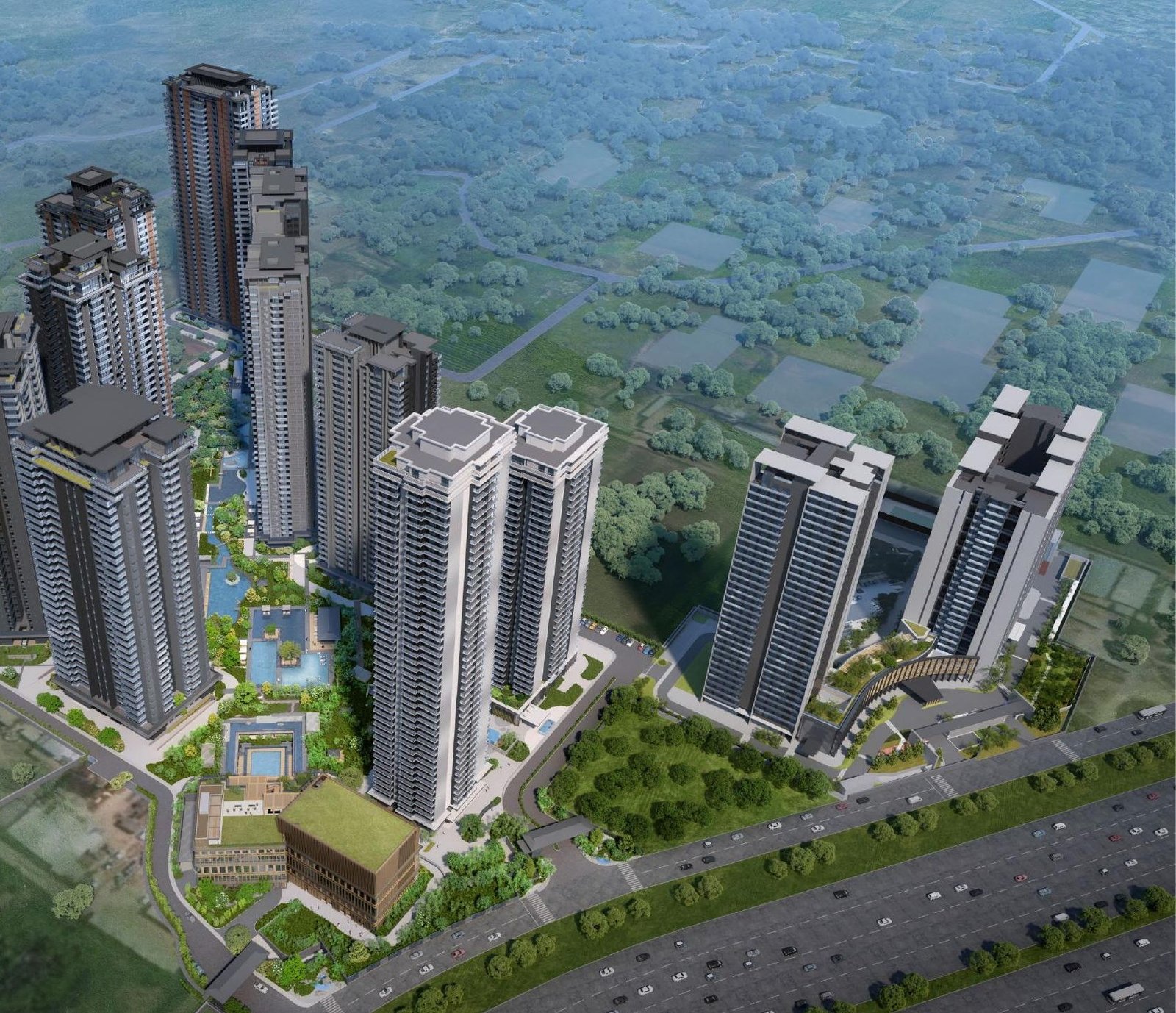 Aerial render of Krisumi City towers around a central landscape
