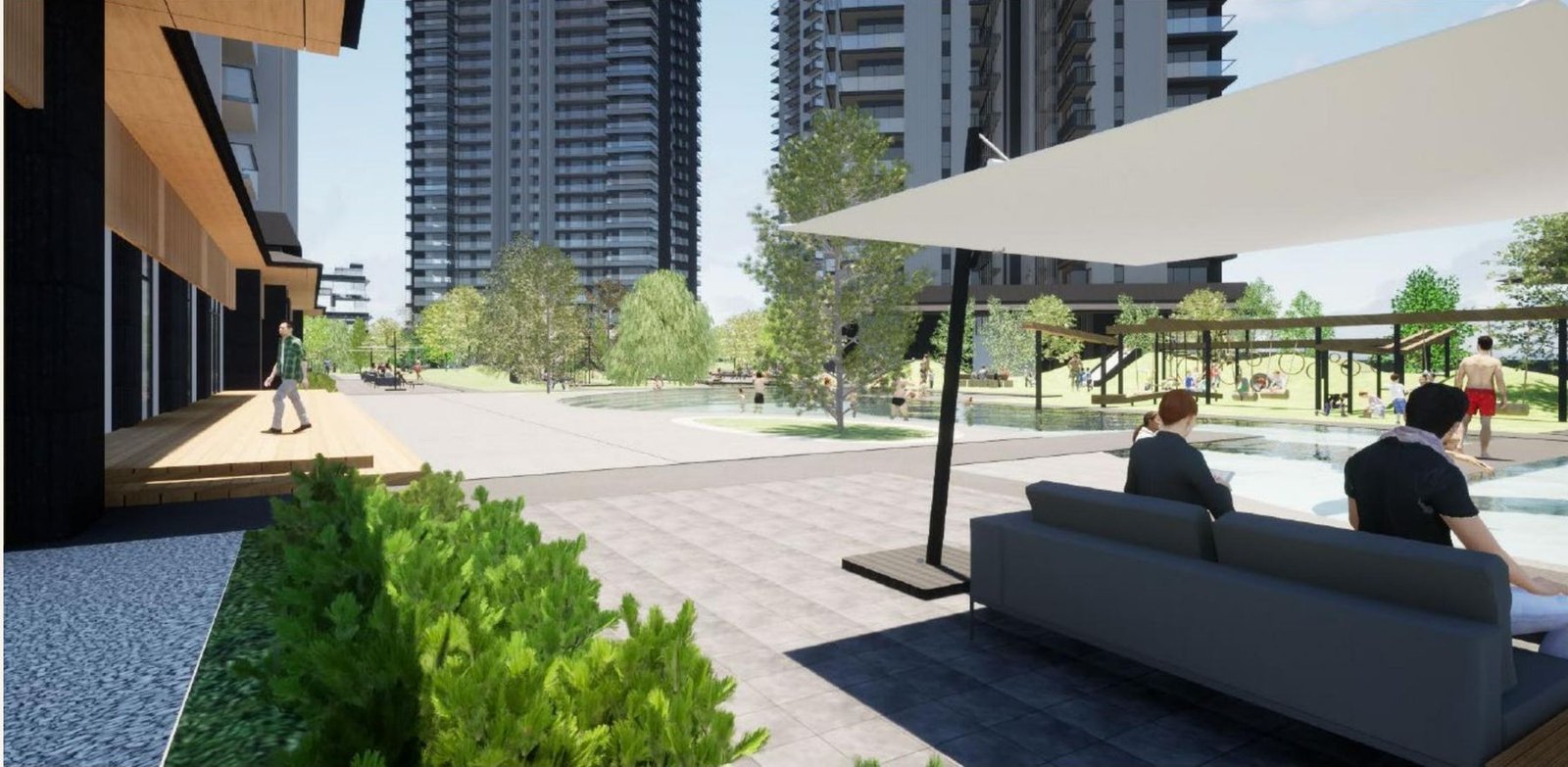 Entrance garden with lounge seating and a pool