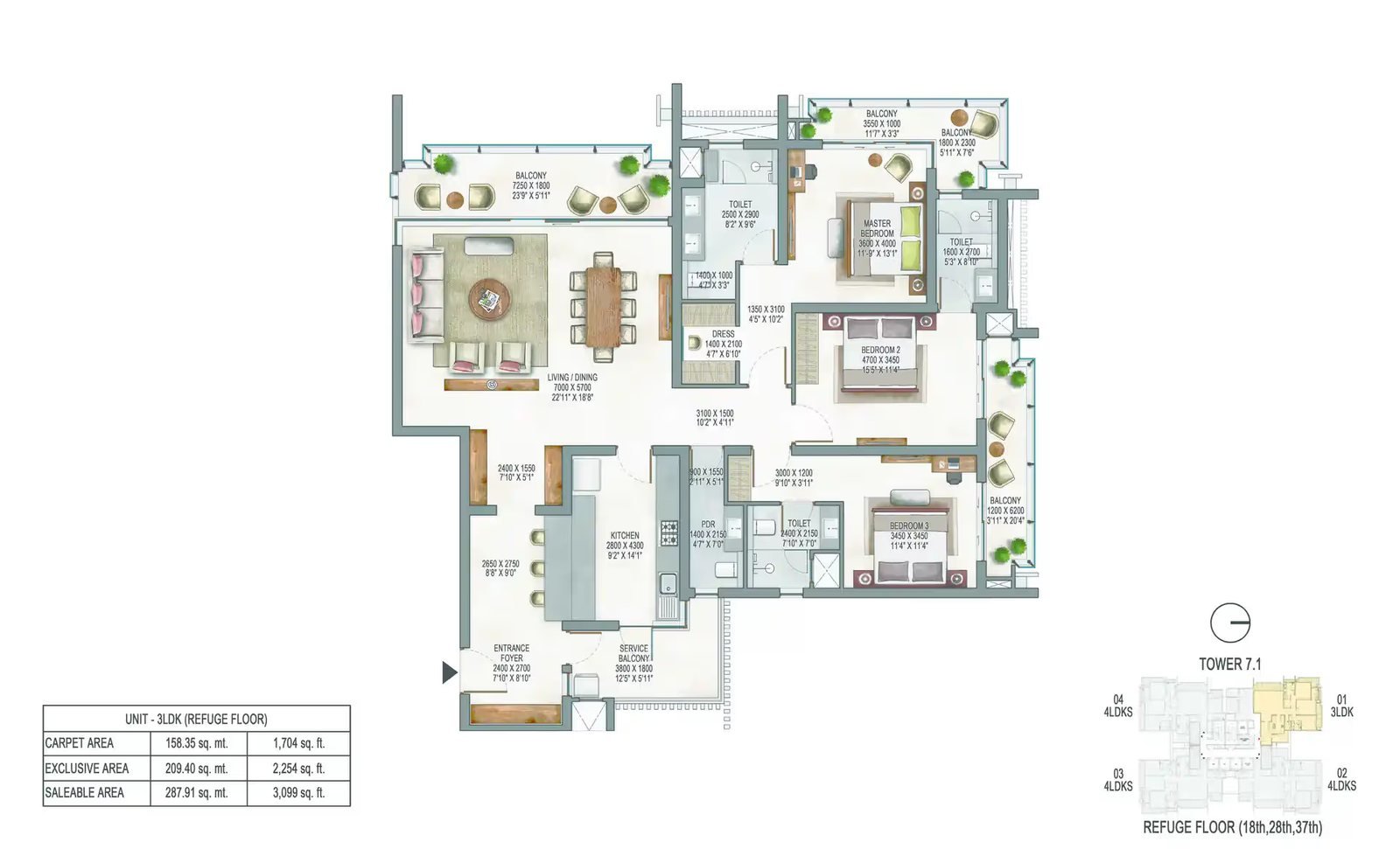 3 LDK floor plan, Tower 7.1 refuge floor
