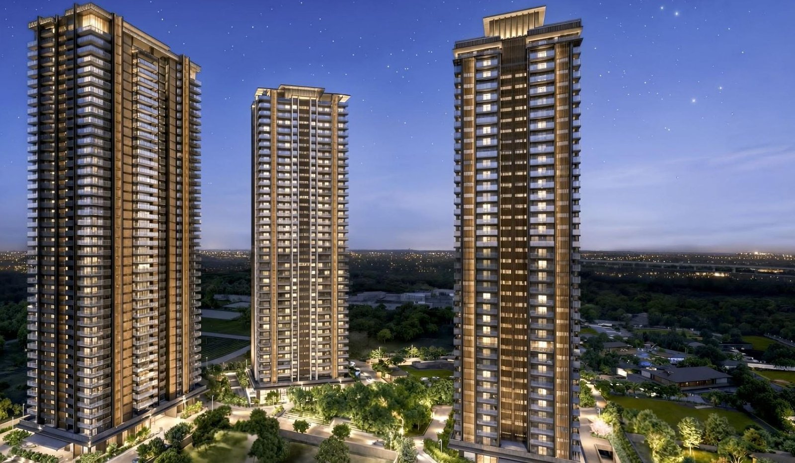 The Forest Reserve towers lit at night