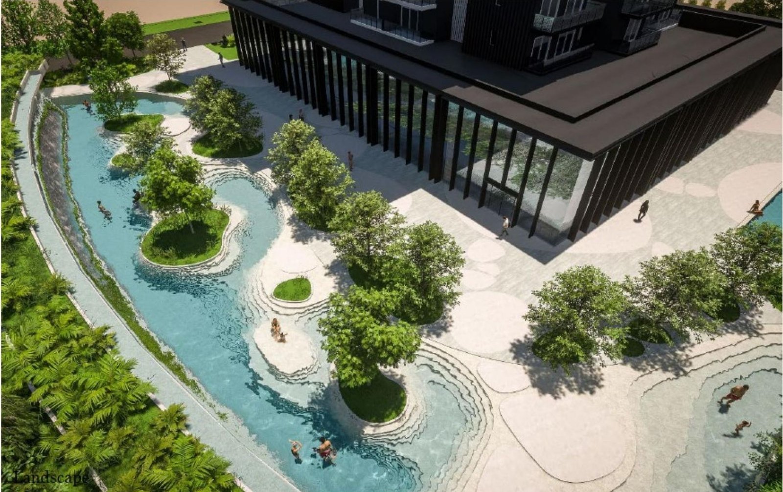 Water garden with islands and shallow stream beside a tower
